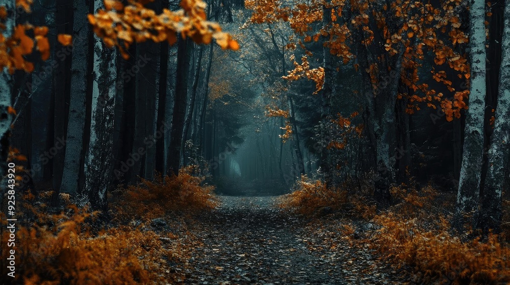 Aufkleber A serene forest scene with mist and autumn leaves, creating a tranquil and mysterious atmosphere for nature lovers.
