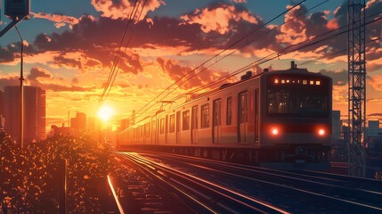 anime landscape with train and sunset