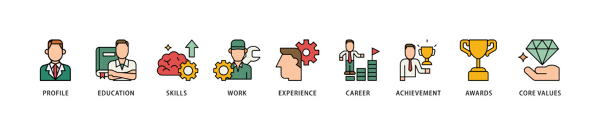 Resume icon infographic illustration concept with icon of profile, education, skills, work experience, career, achievement, awards, core values icon live stroke and easy to edit 