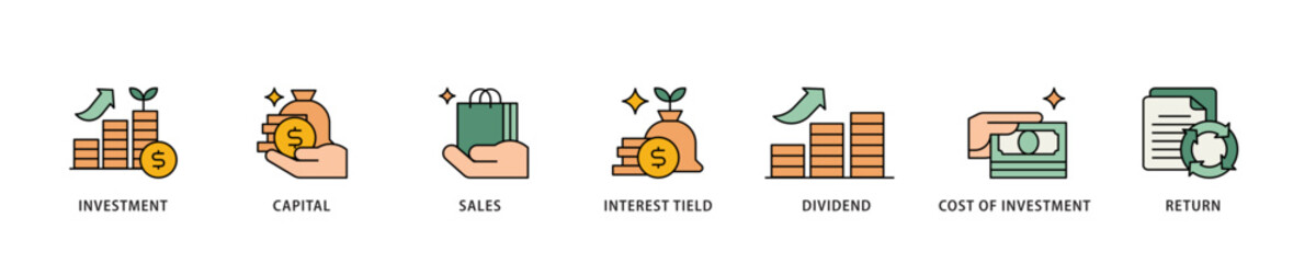 Roi icon infographic illustration concept with icon of return, interest tield, cost of investment, dividend, sales, capital, investment icon live stroke and easy to edit 