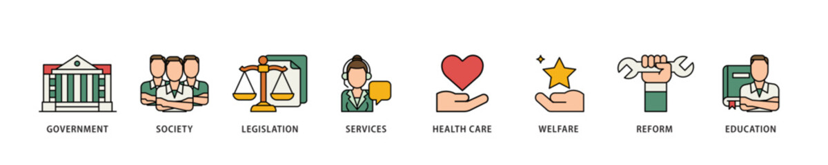 Social policy icon infographic illustration concept with icon of education, reform, services, welfare, health care ,legislation, society, government icon live stroke and easy to edit 