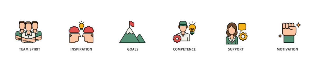 Team building icon infographic illustration concept with icon of team spirit, inspiration, goals, competence, support, and motivation icon live stroke and easy to edit 