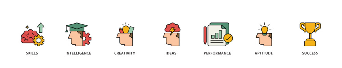 Talent management icon infographic illustration concept with icon of skills, intelligence, creativity, ideas, performance, aptitude, and success icon live stroke and easy to edit 