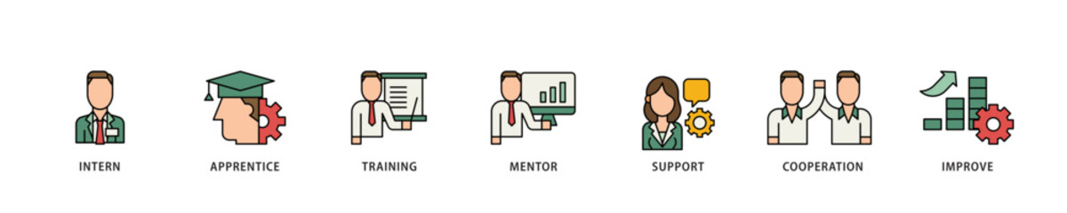 Trainee icon infographic illustration concept with icon of intern, apprentice, training, mentor, support, cooperation and improve icon live stroke and easy to edit 
