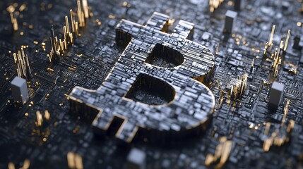 3D rendering of Bitcoin symbol on digital circuit board