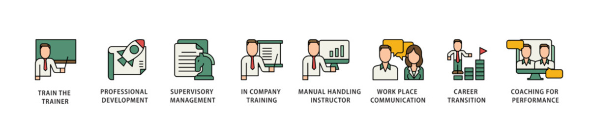 Training icon infographic illustration concept with icon of coaching, teaching, knowledge, development, learning, experience, and skills icon live stroke and easy to edit 