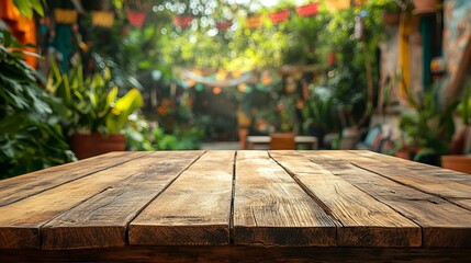 Wooden table in a vibrant garden setting during daylight