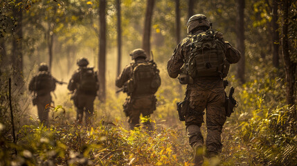 group of soldiers walking throughforest, focused and determined.atmosphere is tense yet serene, with sunlight filtering throughtrees.