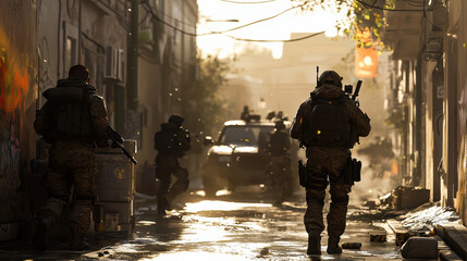 Obraz premium group of soldiers in tactical gear move throughnarrow alley, showcasing determination and focus amidsttense atmosphere.sunlight createsdramatic backdrop.