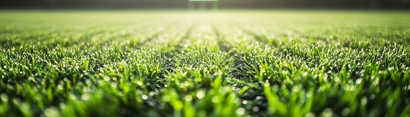 Fototapeta premium A detailed shot of freshly cut green grass on a football field, with morning dew visible