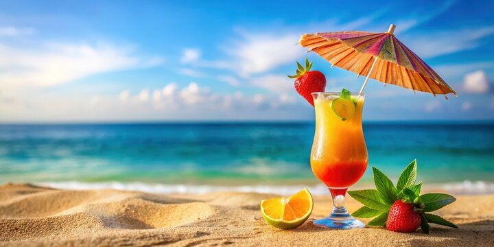 Refreshing tropical cocktail with colorful umbrella and fresh fruit garnish on a sandy beach , cocktail, tropical