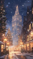 Fototapeta premium Christmas Enchantment: A Snowy City Night with Snowflakes Animating Around a Festive Tree, an Abstract Anime-Style Holiday Vision, storybook illustrations, comic strips, book illustrations and picture