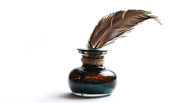 An antique inkwell with a quill pen inserted, isolated on a white background.