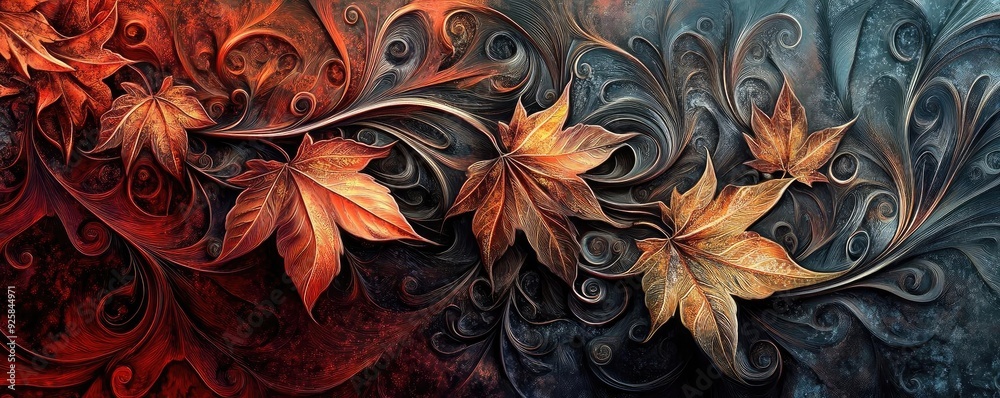Poster intricate design featuring autumn leaves, swirling patterns, and rich colors that create an elegant,