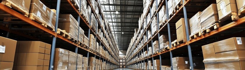 Obraz premium A vast warehouse interior with rows of shelves stocked with boxes, viewed from a low angle
