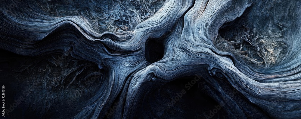 Poster an abstract artwork featuring dynamic fluid shapes and contrasting dark tones, evoking a sense of de