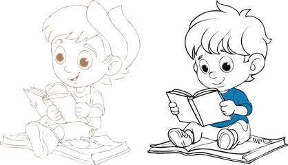 coloring page simple drawing of cartoon character reading a book in library , coloring book