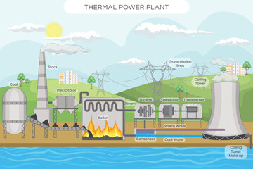 Naklejka premium Thermal Power Plant Converting Heat into Electricity
