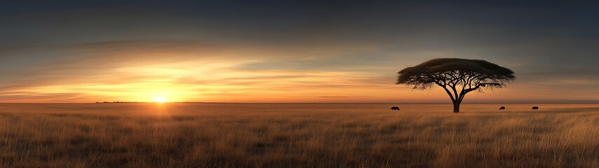 Fototapeta premium A wide-angle shot of a savanna ecosystem at sunrise, showing the energy transfer between plants and herbivores, the warm glow of the sun adding depth to the scene, more clarity with clear light and