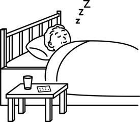 睡眠薬を飲んで眠る高齢者のイラスト　線画のみ