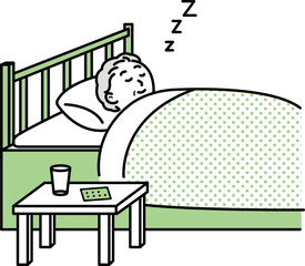 睡眠薬を飲んで眠る高齢者のイラスト
