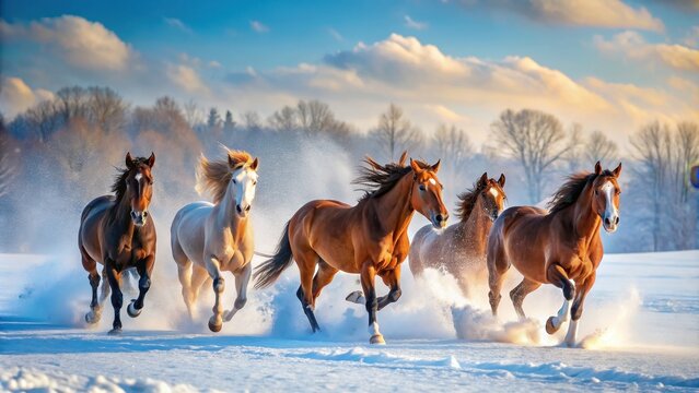 Horses galloping through the snowy winter landscape, winter, animals, wildlife, nature, cold, snowfall, running, speed, motion