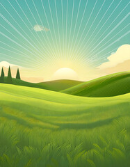 Obraz premium 蓝天白云下连绵的绿色稻田