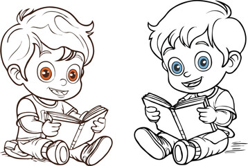 coloring page simple drawing of cartoon character reading a book in library , coloring book