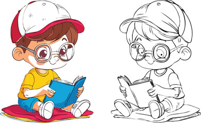 coloring page simple drawing of cartoon character reading a book in library , coloring book