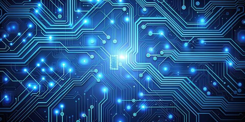 Obraz premium Blue circuit board with intricate network of dots and lines, technology, electronics, motherboard, computer