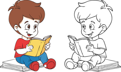 coloring page simple drawing of cartoon character reading a book in library , coloring book
