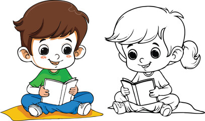 coloring page simple drawing of cartoon character reading a book in library , coloring book
