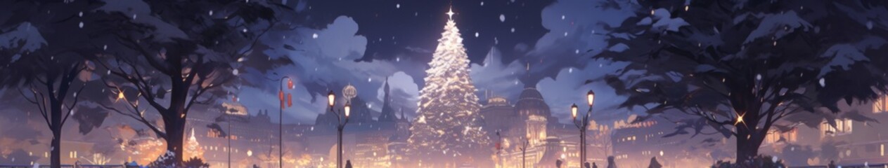 Obraz premium Christmas Enchantment: A Snowy City Night with Snowflakes Animating Around a Festive Tree, an Abstract Anime-Style Holiday Vision, storybook illustrations, comic strips, book illustrations and picture