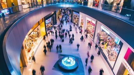 A bustling shopping mall with shoppers blurred in motion