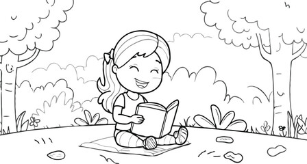coloring page simple drawing of cartoon character reading a book in library , coloring book