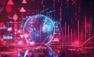 A digital globe with global financial data points, surrounded by dynamic graphs and numbers in red and blue hues. 