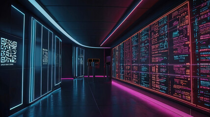 Fototapeta premium long corridor with QR codes that people can scan, 8k,