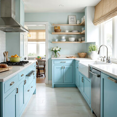 Light and airy pastel blue kitchen with open shelving and natural light
