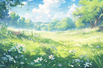 Fototapeta premium Enchanting Anime-Style Landscape: A Lush Meadow with Wildflowers and Trees in the Foreground, Illustrated in a Captivating Animation Style, storybook illustrations, comic strips, book illustrations