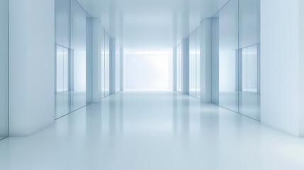 A bright, minimalist hallway with glass walls and a reflective floor, creating a spacious and modern atmosphere.