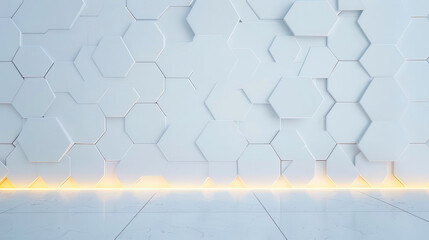 A modern, minimalist wall design featuring hexagonal patterns and a glowing base, perfect for contemporary interior projects.