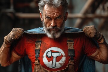 Elderly Man Dressed as a Superhero in Work Overalls - Strong and Determined Senior Hero