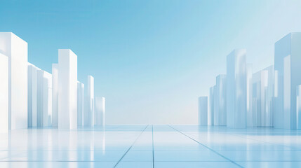 Obraz premium A serene cityscape featuring futuristic buildings with a clear blue sky and reflective surfaces, ideal for modern design concepts.