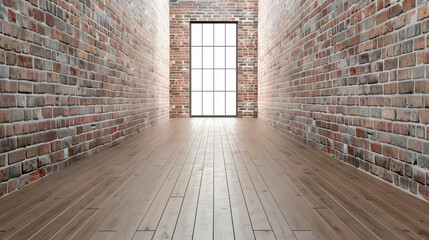 An inviting corridor featuring rustic brick walls and a wooden floor, illuminated by natural light from a large window.