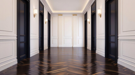 Elegant hallway with wooden flooring and stylish lighting fixtures, showcasing modern interior design and luxurious ambiance.