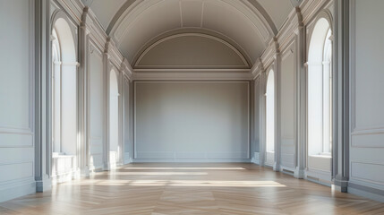 Obraz premium Elegant interior space with arched windows and wooden floor, perfect for showcasing architectural beauty and tranquility.
