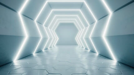 Futuristic corridor featuring bright, geometric lighting in a sleek, modern environment.