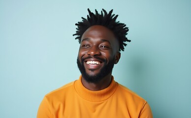 Smiling man with natural hair, vibrant background, joyful expression, ideal for multicultural marketing, diversity initiatives, includes copy space.