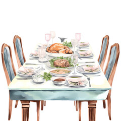 Fototapeta premium Festive dining table set for a holiday feast with roasted turkey, side dishes, and elegant tableware.
