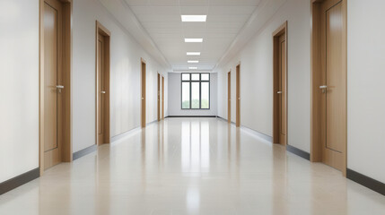 Spacious corridor featuring clean walls and wooden doors, illuminated by natural light, ideal for modern interiors.